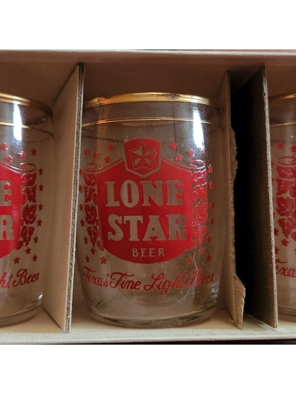 New in Box- SET OF 3 1950'S  VINTAGE LONE STAR BEER RED LOGO BARREL GLASSES w/ 8